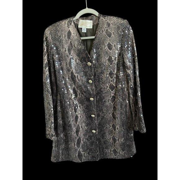 Rickie Freeman Sequin Jacket Brown 10 Snake Print Made in USA Elegant - Picture 1 of 9